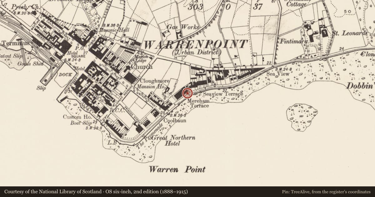 Ordnance Survey six-inch map, 2nd edition (1888–1915) covering the location of 19 Seaview, Ringmackilroy, Newry, Mourne and Down, with a pin at the register's coordinates