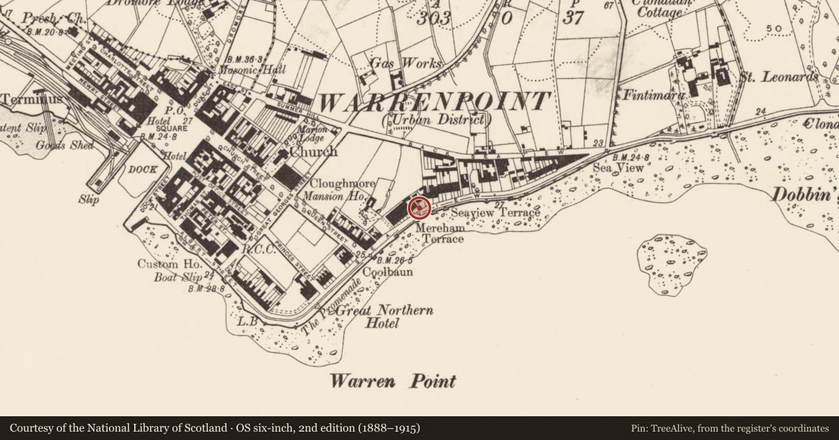 Ordnance Survey six-inch map, 2nd edition (1888–1915) covering the location of 20 Seaview, Ringmackilroy, Newry, Mourne and Down, with a pin at the register's coordinates
