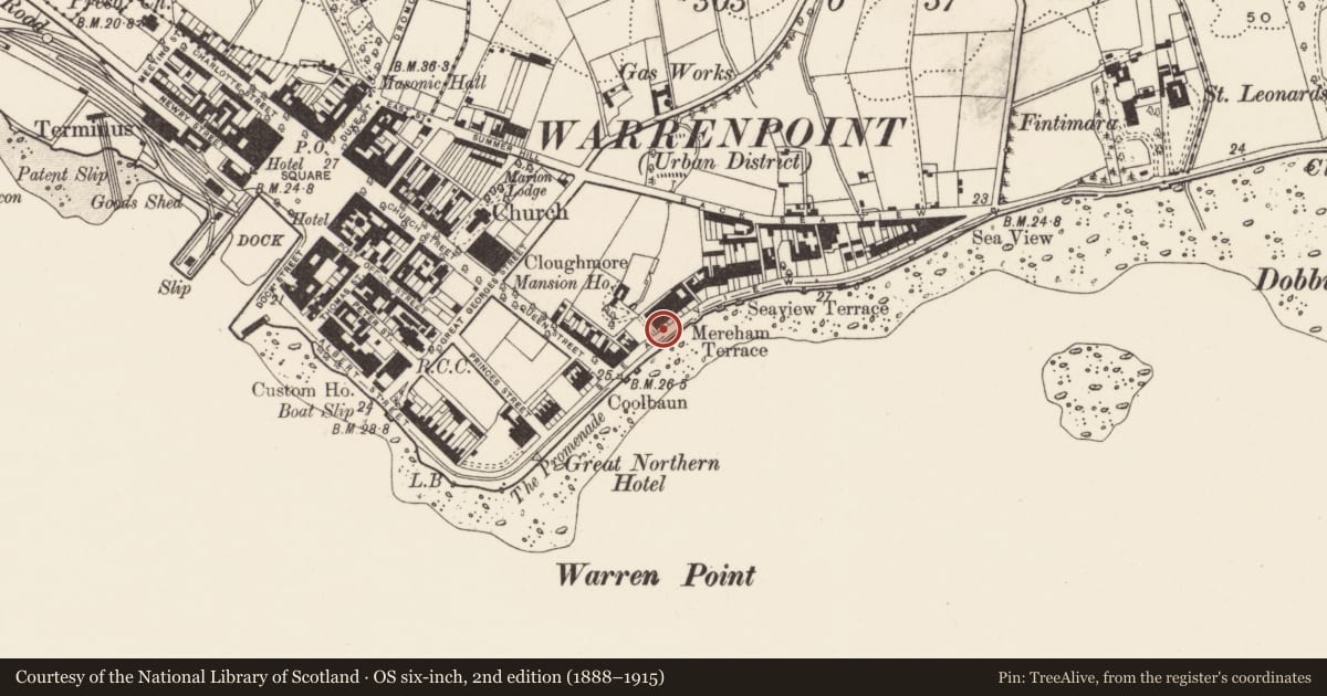 Ordnance Survey six-inch map, 2nd edition (1888–1915) covering the location of 13 Seaview, Ringmackilroy, Newry, Mourne and Down, with a pin at the register's coordinates