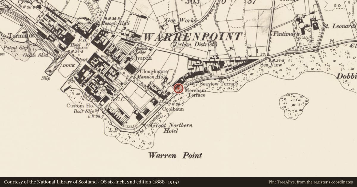 Ordnance Survey six-inch map, 2nd edition (1888–1915) covering the location of 14 Seaview, Ringmackilroy, Newry, Mourne and Down, with a pin at the register's coordinates