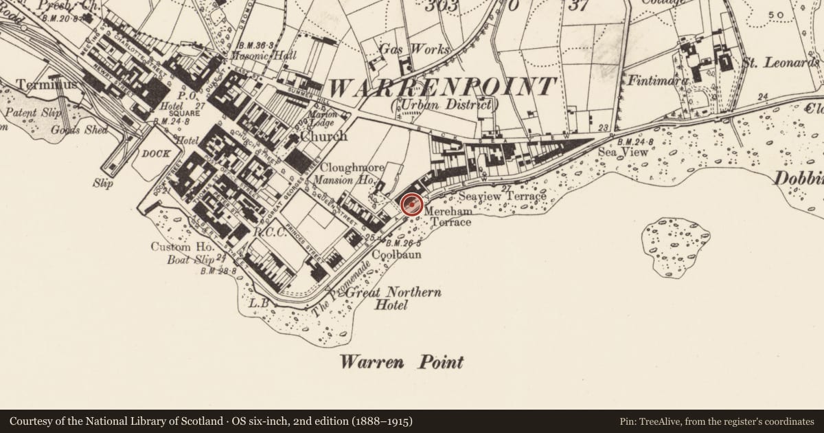 Ordnance Survey six-inch map, 2nd edition (1888–1915) covering the location of 15 Seaview, Ringmackilroy, Newry, Mourne and Down, with a pin at the register's coordinates