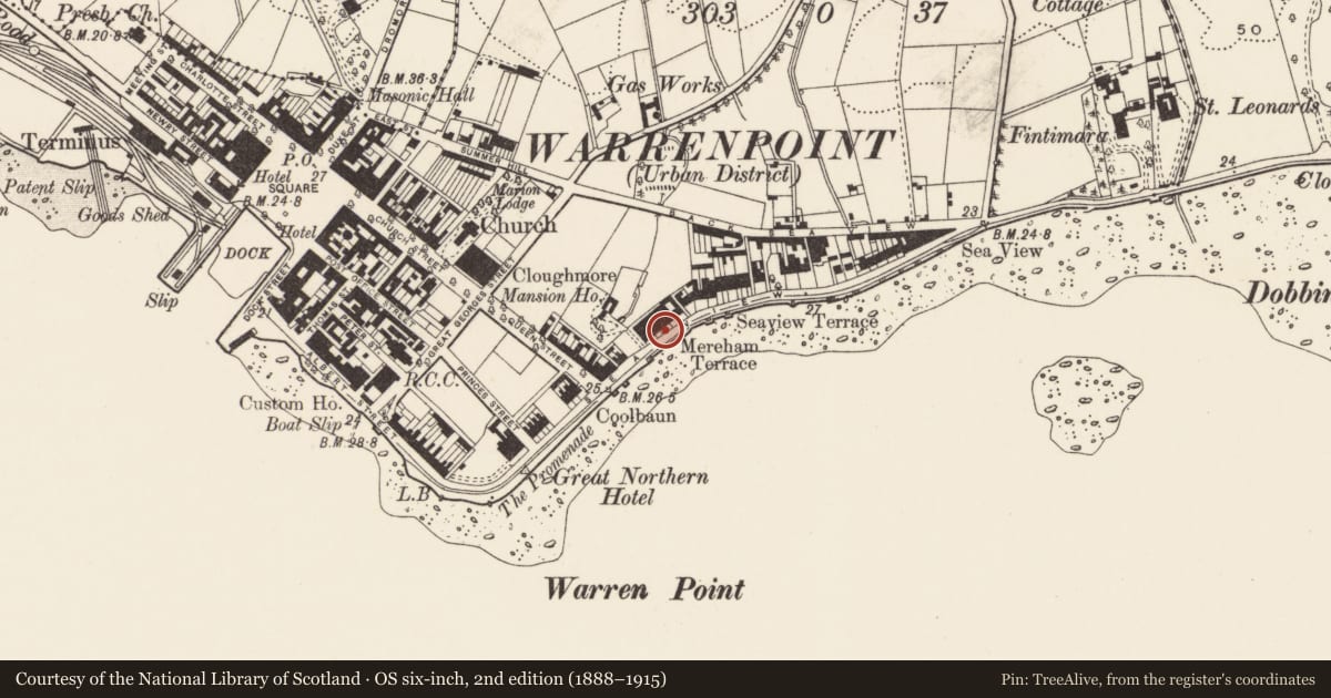 Ordnance Survey six-inch map, 2nd edition (1888–1915) covering the location of 16 Seaview, Ringmackilroy, Newry, Mourne and Down, with a pin at the register's coordinates