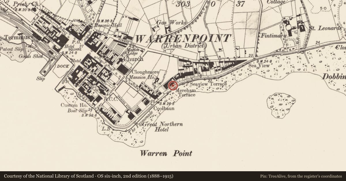 Ordnance Survey six-inch map, 2nd edition (1888–1915) covering the location of 17 Seaview, Ringmackilroy, Newry, Mourne and Down, with a pin at the register's coordinates