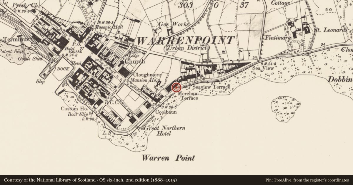 Ordnance Survey six-inch map, 2nd edition (1888–1915) covering the location of 18 Seaview, Ringmackilroy, Newry, Mourne and Down, with a pin at the register's coordinates