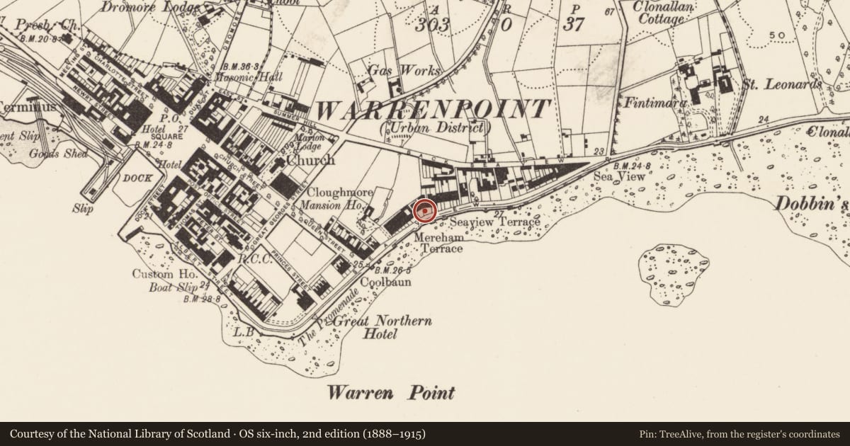 Ordnance Survey six-inch map, 2nd edition (1888–1915) covering the location of 22 Seaview, Ringmackilroy, Newry, Mourne and Down, with a pin at the register's coordinates
