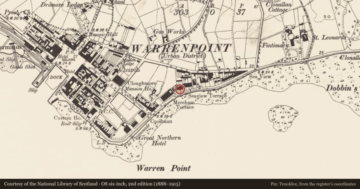 Ordnance Survey six-inch map, 2nd edition (1888–1915) covering the location of 23 Seaview, Ringmackilroy, Newry, Mourne and Down, with a pin at the register's coordinates