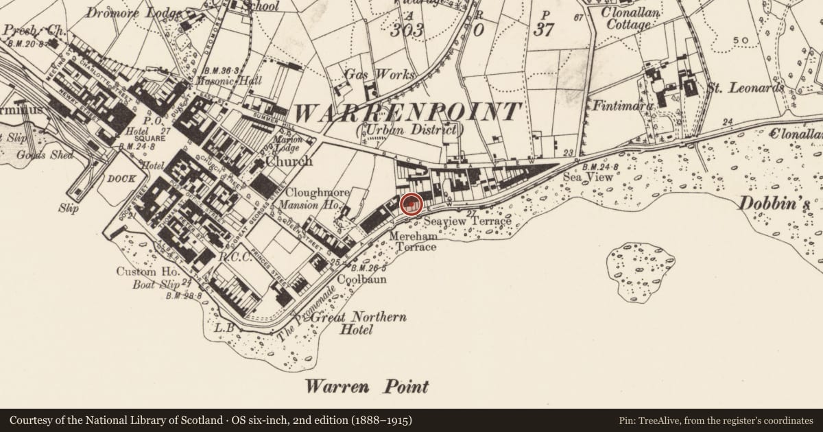 Ordnance Survey six-inch map, 2nd edition (1888–1915) covering the location of 25 Seaview, Ringmackilroy, Newry, Mourne and Down, with a pin at the register's coordinates