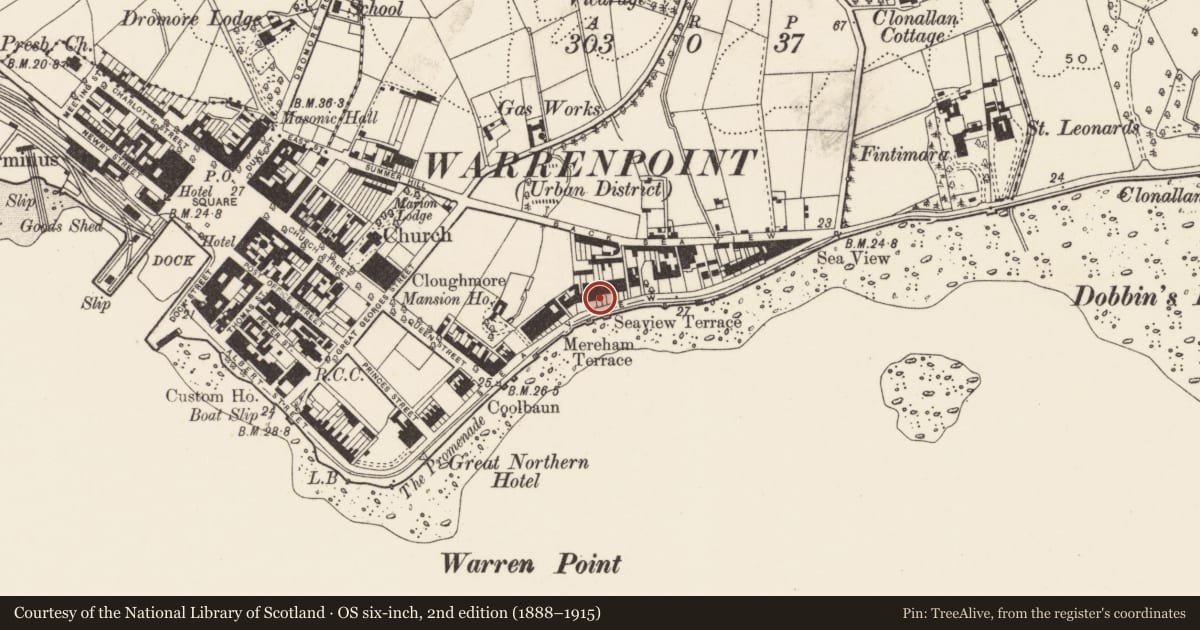 Ordnance Survey six-inch map, 2nd edition (1888–1915) covering the location of 26 Seaview, Ringmackilroy, Newry, Mourne and Down, with a pin at the register's coordinates