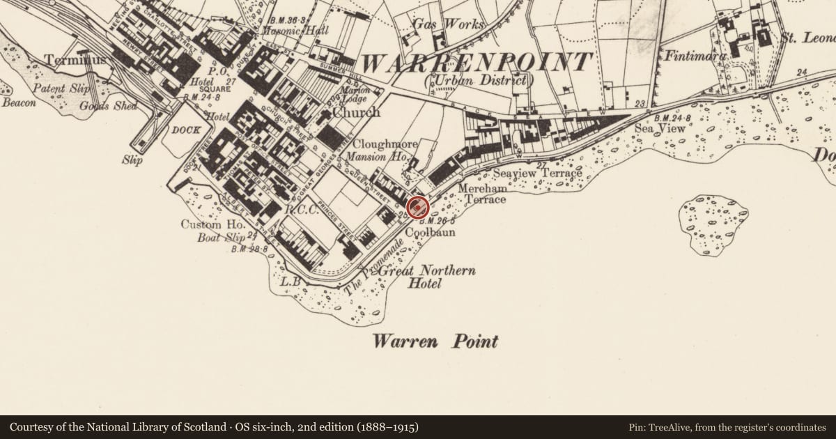 Ordnance Survey six-inch map, 2nd edition (1888–1915) covering the location of 8 & 9 Seaview, Ringmackilroy, Newry, Mourne and Down, with a pin at the register's coordinates