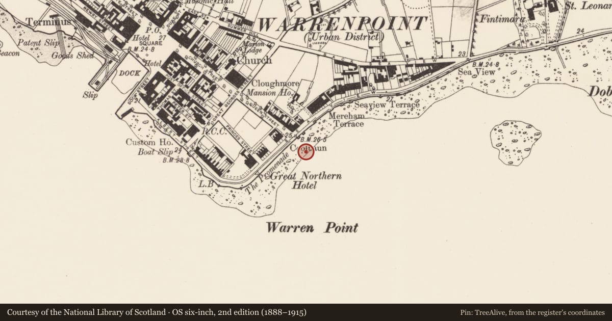 Ordnance Survey six-inch map, 2nd edition (1888–1915) covering the location of Public Swimming Baths, Ringmackilroy, Newry, Mourne and Down, with a pin at the register's coordinates