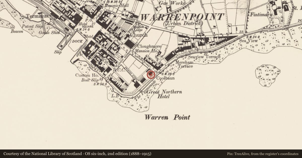 Ordnance Survey six-inch map, 2nd edition (1888–1915) covering the location of 6 Seaview, Ringmackilroy, Newry, Mourne and Down, with a pin at the register's coordinates