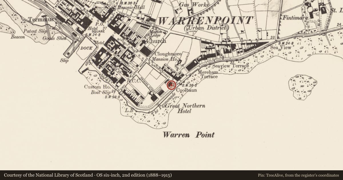 Ordnance Survey six-inch map, 2nd edition (1888–1915) covering the location of 7 Seaview, Ringmackilroy, Newry, Mourne and Down, with a pin at the register's coordinates
