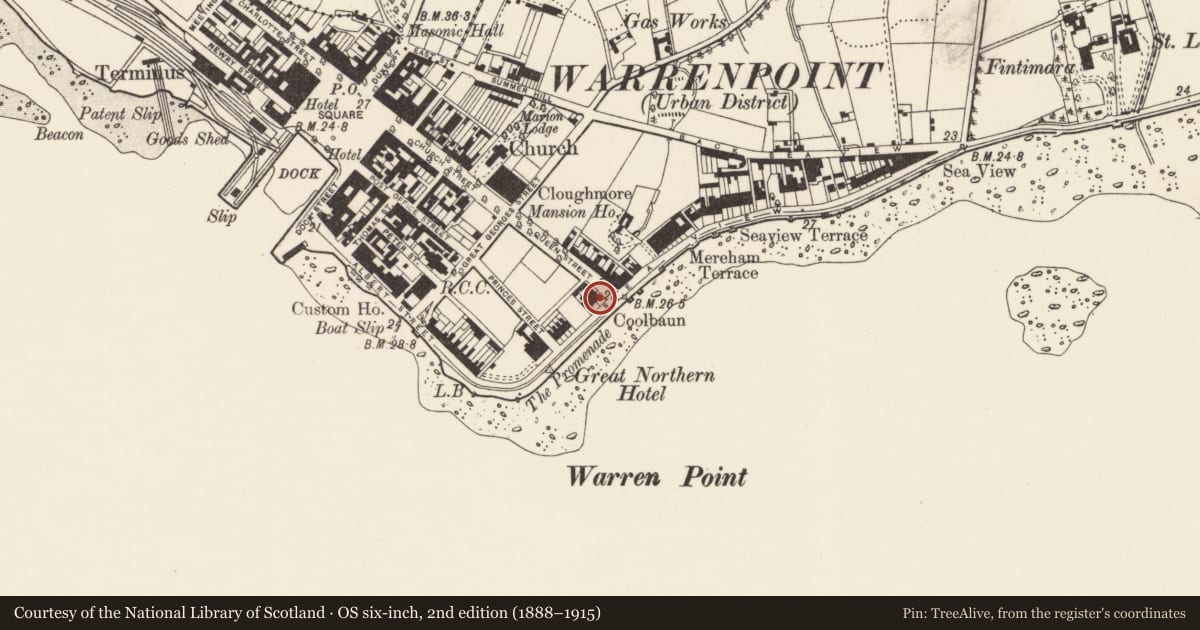 Ordnance Survey six-inch map, 2nd edition (1888–1915) covering the location of Coolbawn, Ringmackilroy, Newry, Mourne and Down, with a pin at the register's coordinates