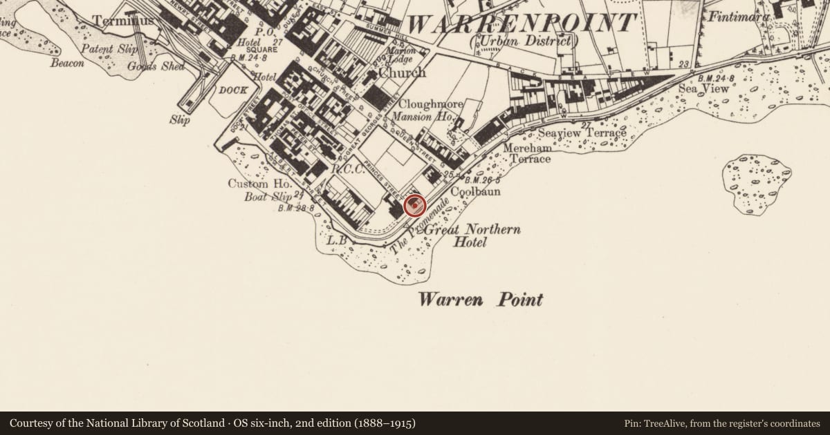Ordnance Survey six-inch map, 2nd edition (1888–1915) covering the location of 2 Seaview, Ringmackilroy, Newry, Mourne and Down, with a pin at the register's coordinates
