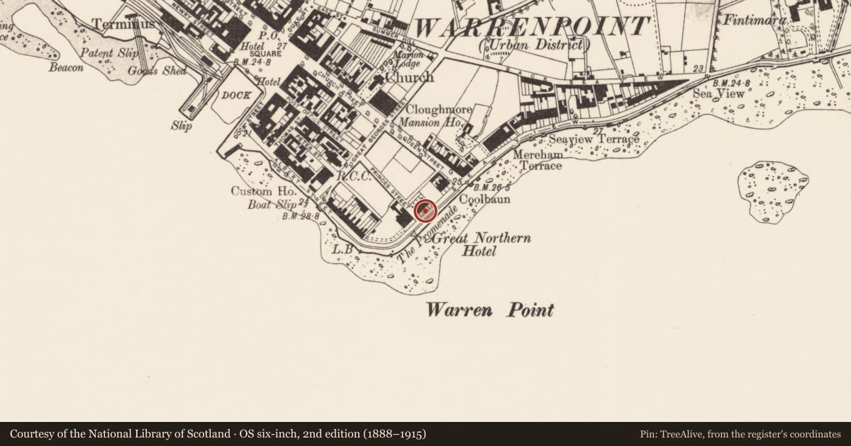 Ordnance Survey six-inch map, 2nd edition (1888–1915) covering the location of 3 Seaview, Ringmackilroy, Newry, Mourne and Down, with a pin at the register's coordinates