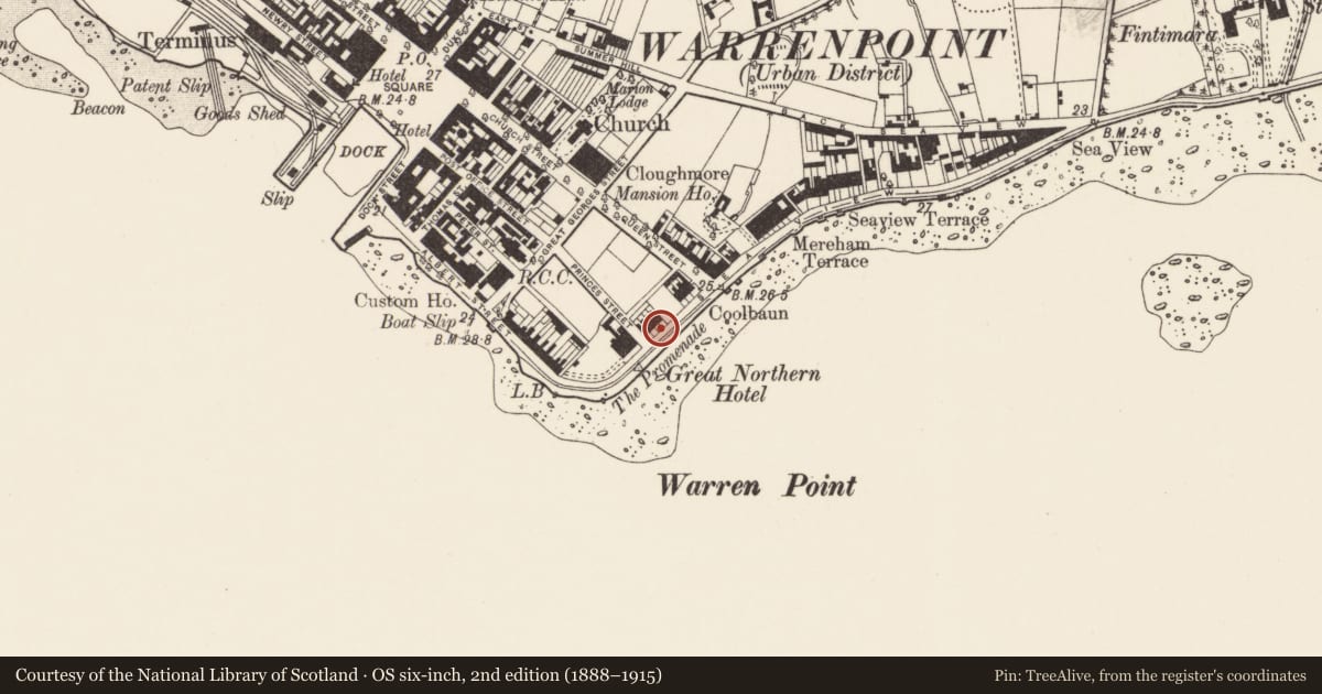 Ordnance Survey six-inch map, 2nd edition (1888–1915) covering the location of 4 Seaview, Ringmackilroy, Newry, Mourne and Down, with a pin at the register's coordinates