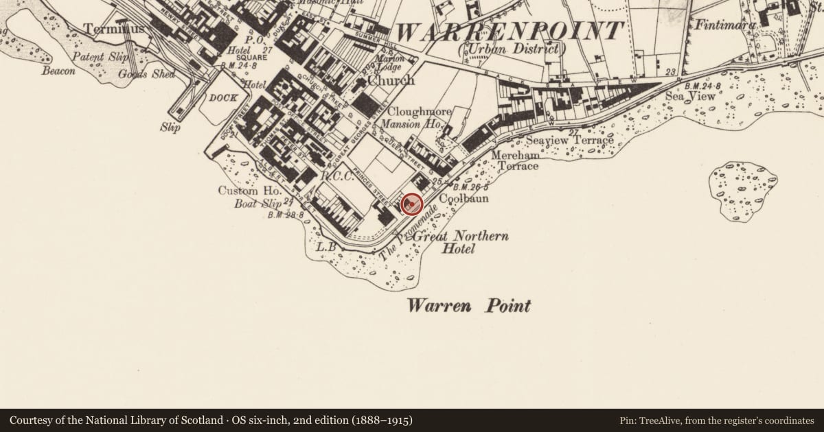 Ordnance Survey six-inch map, 2nd edition (1888–1915) covering the location of 5 Seaview, Ringmackilroy, Newry, Mourne and Down, with a pin at the register's coordinates