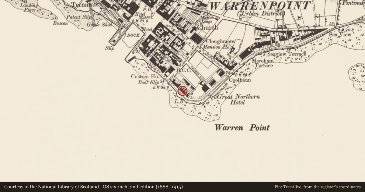 Ordnance Survey six-inch map, 2nd edition (1888–1915) covering the location of 6 Osborne Promenade, Ringmackilroy, Newry, Mourne and Down, with a pin at the register's coordinates