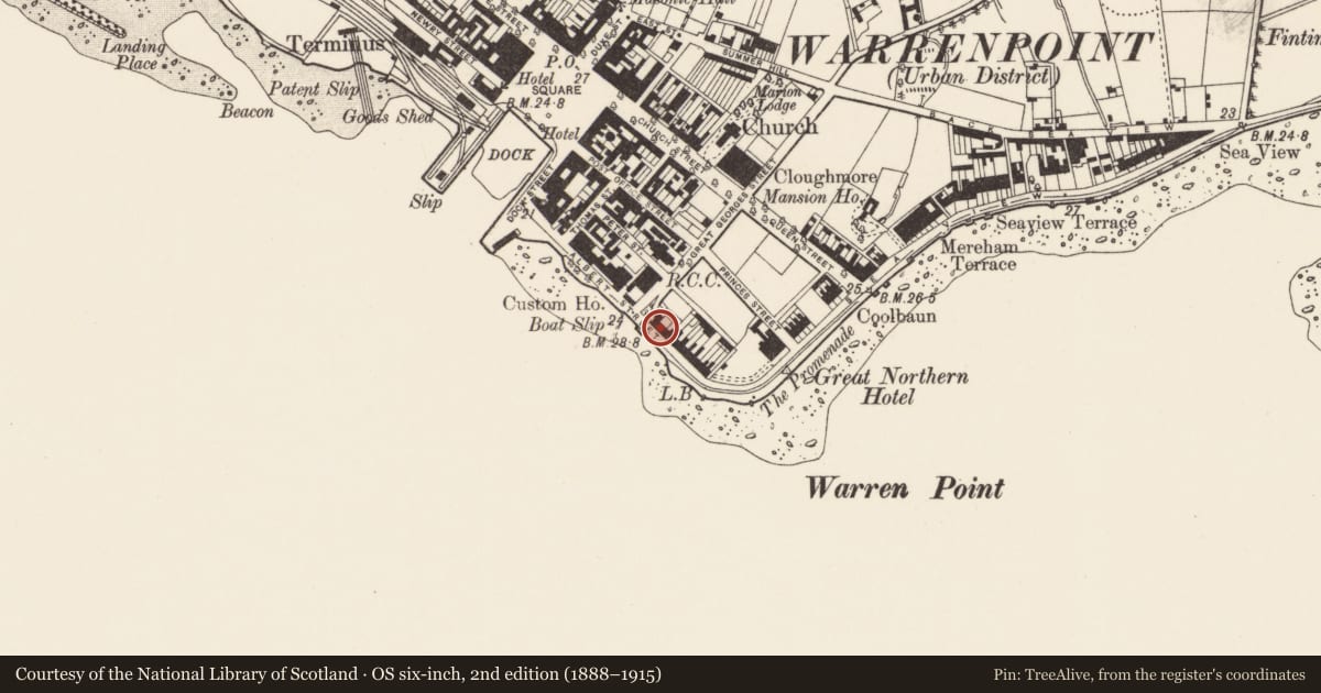 Ordnance Survey six-inch map, 2nd edition (1888–1915) covering the location of 1 Great George's Street South, Ringmackilroy, Newry, Mourne and Down, with a pin at the register's coordinates