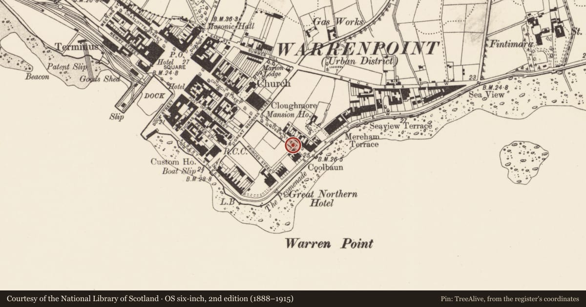 Ordnance Survey six-inch map, 2nd edition (1888–1915) covering the location of Telephone Kiosk, Ringmackilroy, Newry, Mourne and Down, with a pin at the register's coordinates