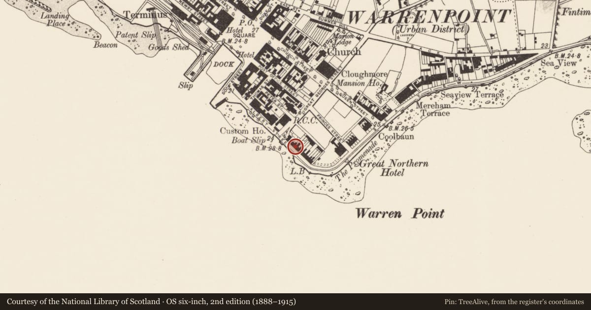 Ordnance Survey six-inch map, 2nd edition (1888–1915) covering the location of 10 Osborne Promenade, Ringmackilroy, Newry, Mourne and Down, with a pin at the register's coordinates