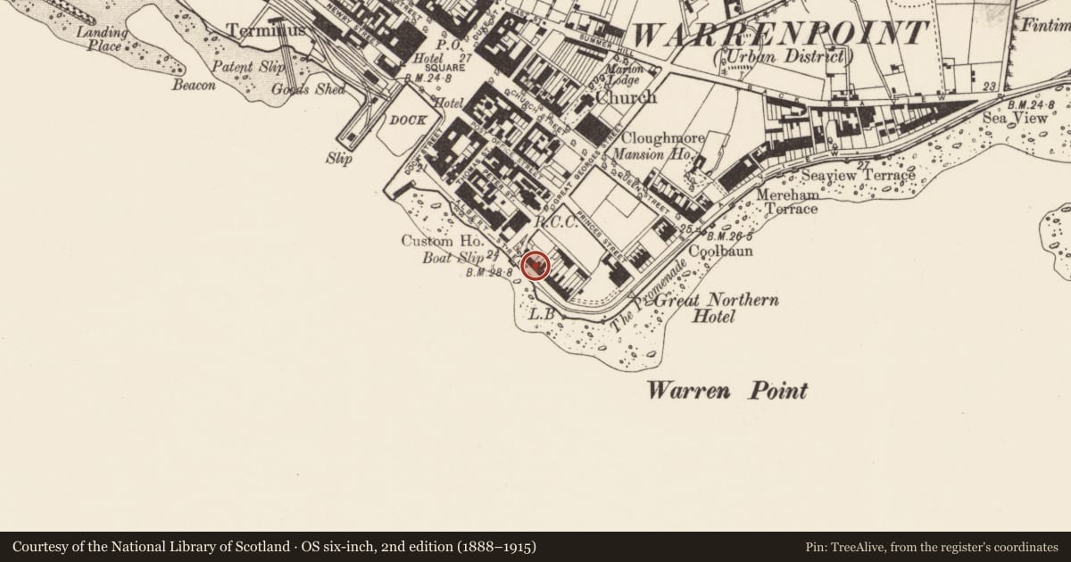 Ordnance Survey six-inch map, 2nd edition (1888–1915) covering the location of 11 Osborne Promenade, Ringmackilroy, Newry, Mourne and Down, with a pin at the register's coordinates