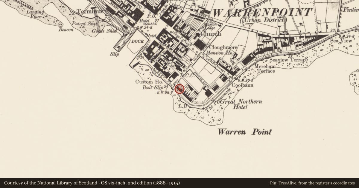 Ordnance Survey six-inch map, 2nd edition (1888–1915) covering the location of 12 Osborne Promenade, Ringmackilroy, Newry, Mourne and Down, with a pin at the register's coordinates
