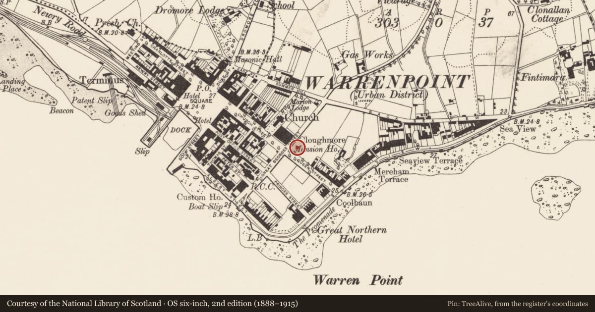 Ordnance Survey six-inch map, 2nd edition (1888–1915) covering the location of Northern Bank, Ringmackilroy, Newry, Mourne and Down, with a pin at the register's coordinates