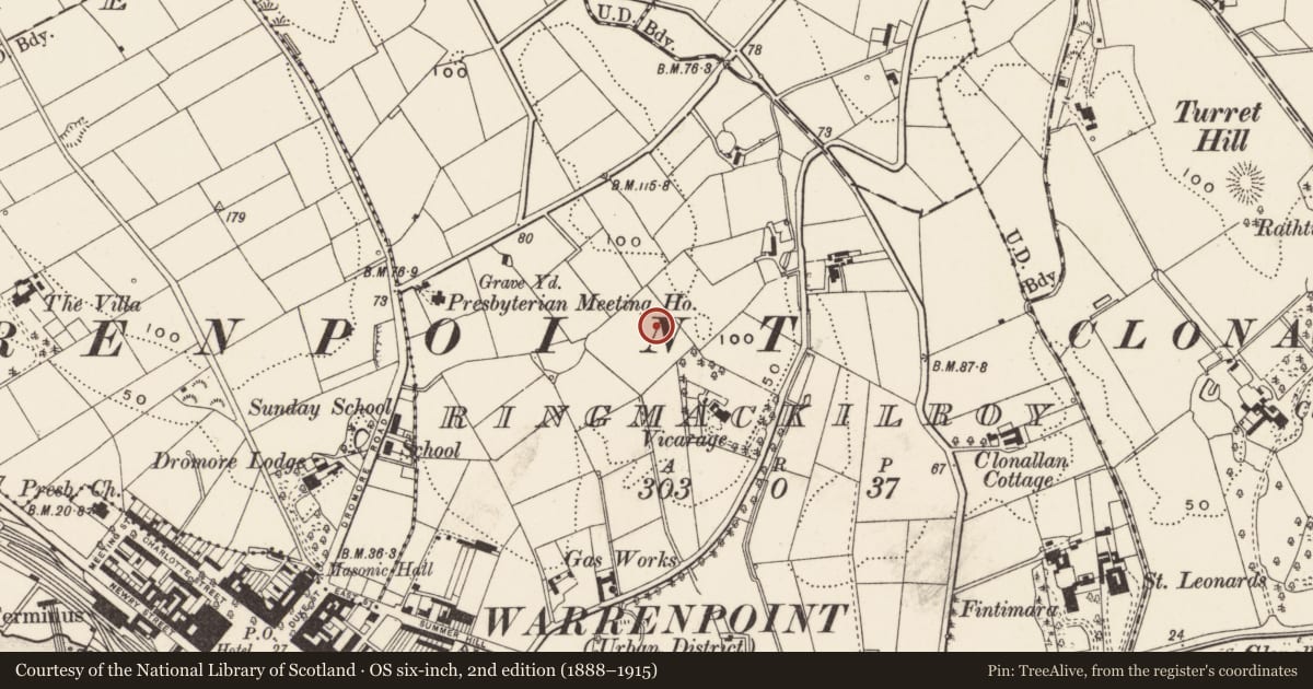 Ordnance Survey six-inch map, 2nd edition (1888–1915) covering the location of St Peters Primary School, Ringmacilroy, Newry, Mourne and Down, with a pin at the register's coordinates