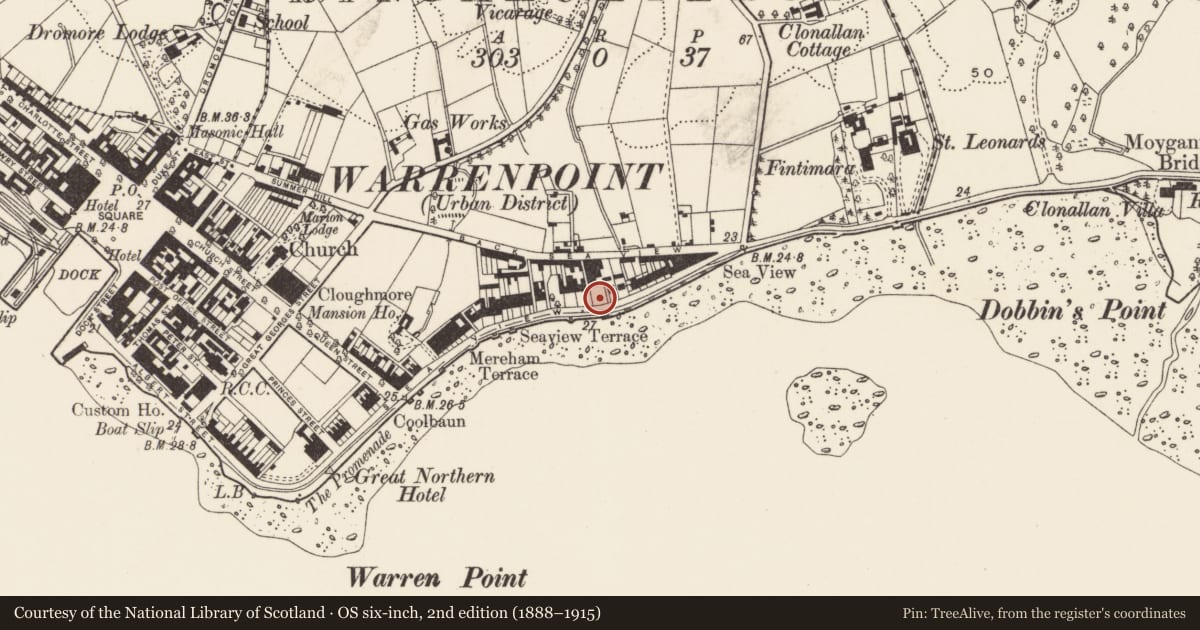 Ordnance Survey six-inch map, 2nd edition (1888–1915) covering the location of 39 Seaview, Newry, Mourne and Down, with a pin at the register's coordinates