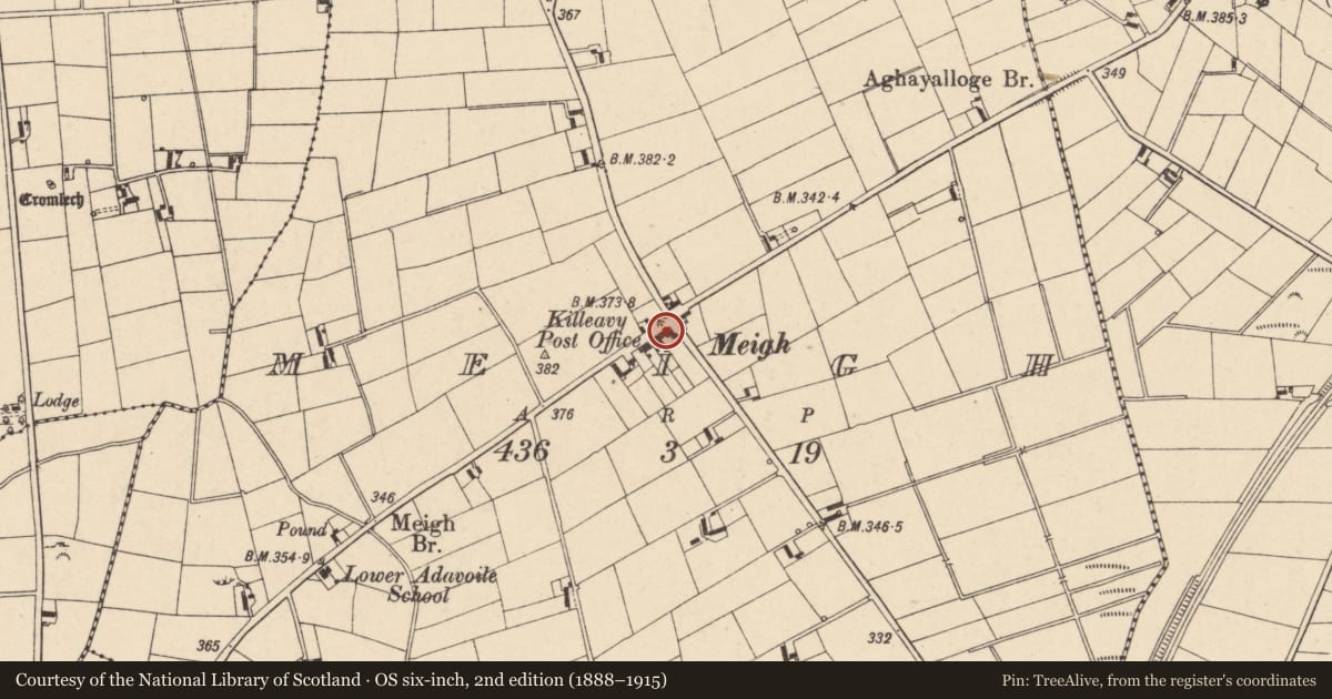 Ordnance Survey six-inch map, 2nd edition (1888–1915) covering the location of Telephone Kiosk, Meigh, Newry, Mourne and Down, with a pin at the register's coordinates