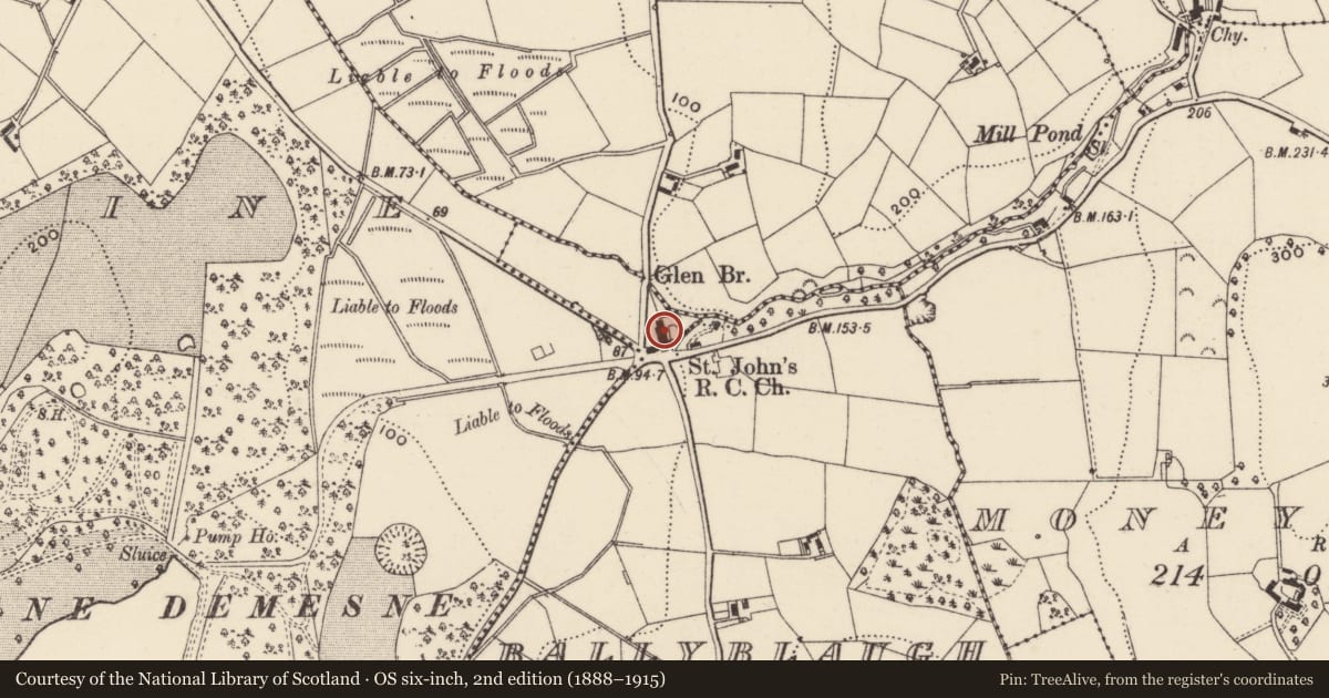 Ordnance Survey six-inch map, 2nd edition (1888–1915) covering the location of St. John's RC Church, Ballyblaugh, Newry, Mourne and Down, with a pin at the register's coordinates