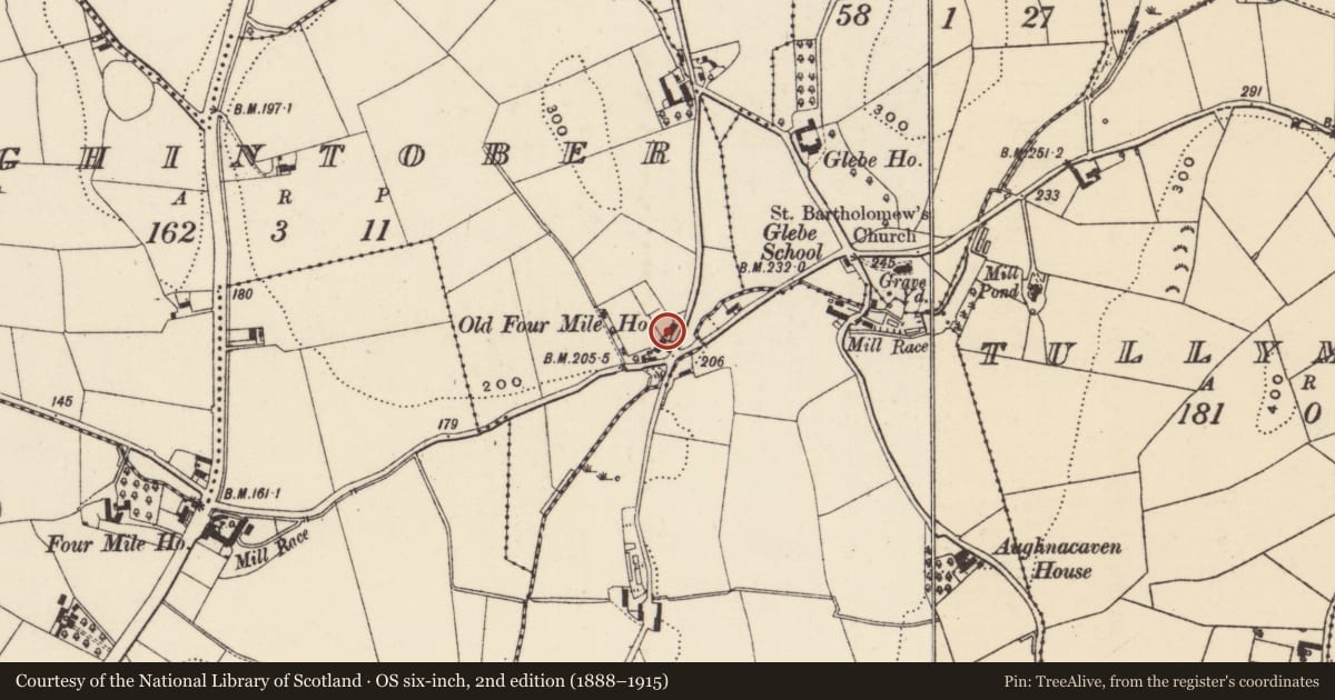 Ordnance Survey six-inch map, 2nd edition (1888–1915) covering the location of Church View, Aughintober, Newry, Mourne and Down, with a pin at the register's coordinates
