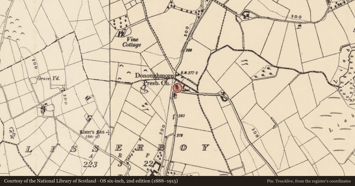 Ordnance Survey six-inch map, 2nd edition (1888–1915) covering the location of Donaghmore Presbyterian Church, Lisserboy, Newry, Mourne and Down, with a pin at the register's coordinates