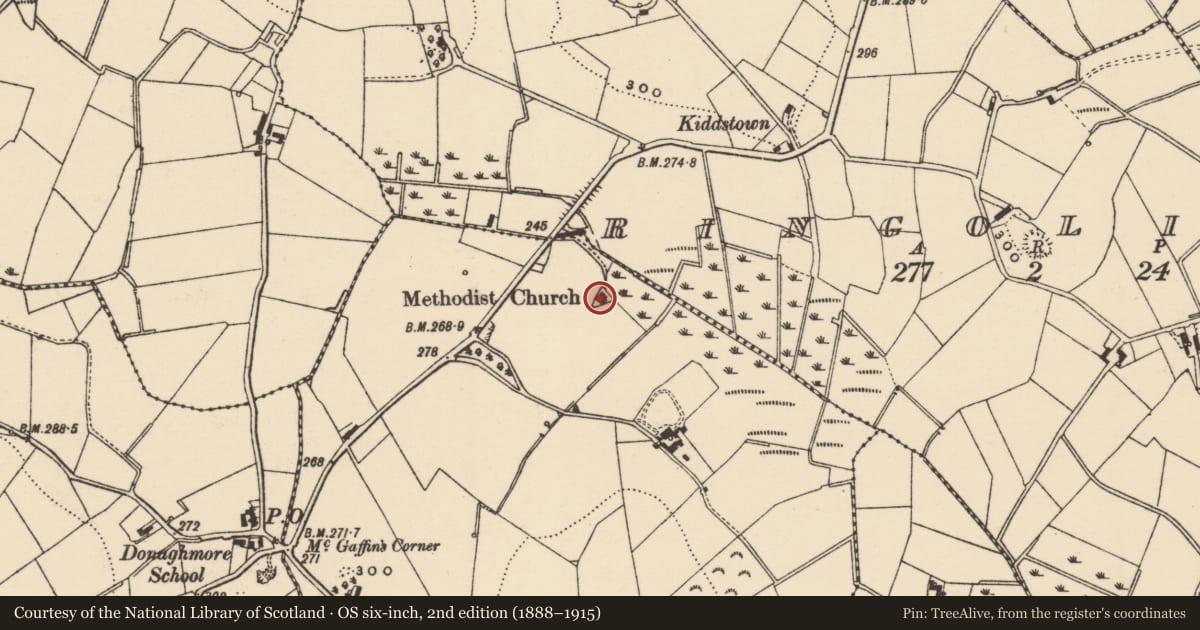Ordnance Survey six-inch map, 2nd edition (1888–1915) covering the location of Former Donaghmore Methodist Church, Cargabane, Newry, Mourne and Down, with a pin at the register's coordinates