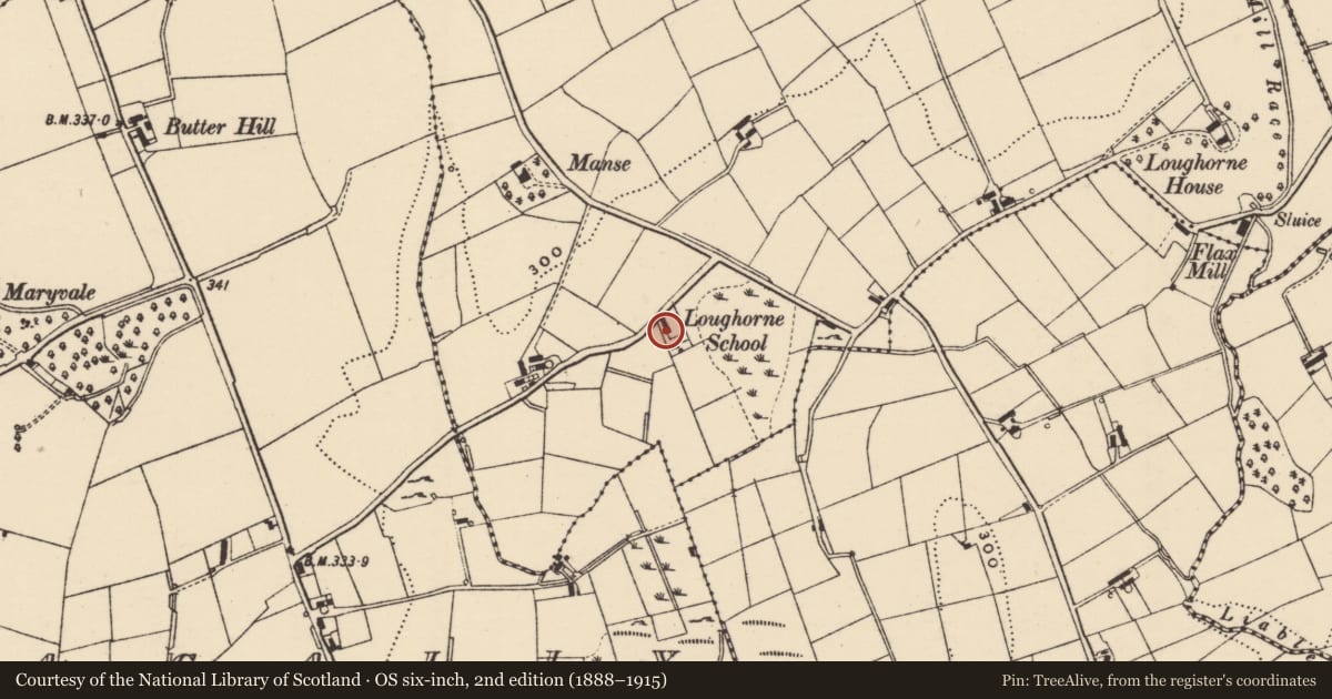 Ordnance Survey six-inch map, 2nd edition (1888–1915) covering the location of Former National School, Loughorne, Newry, Mourne and Down, with a pin at the register's coordinates