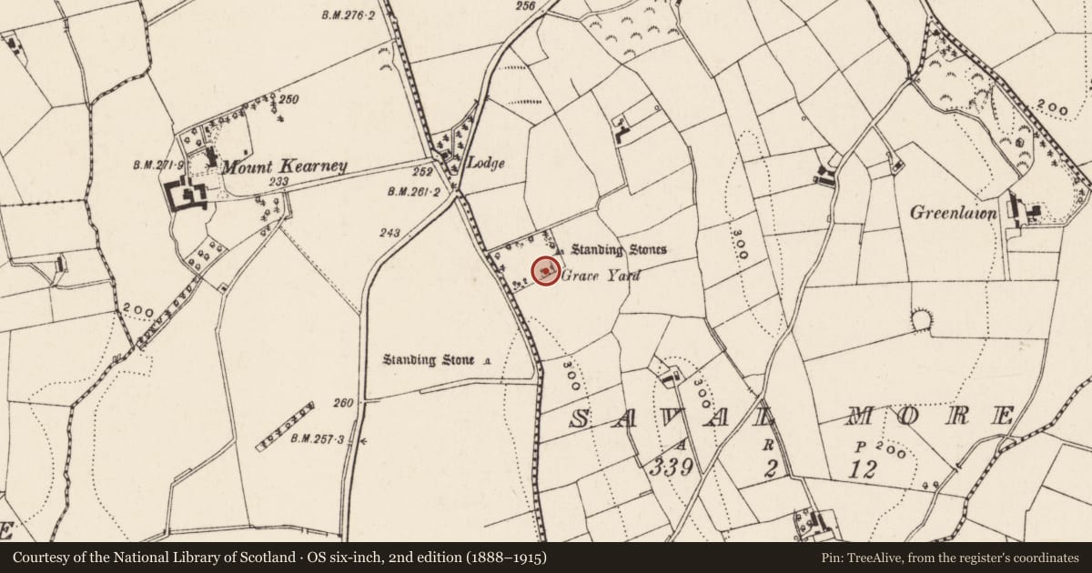 Ordnance Survey six-inch map, 2nd edition (1888–1915) covering the location of Graveyard, Saval More, Newry, Mourne and Down, with a pin at the register's coordinates