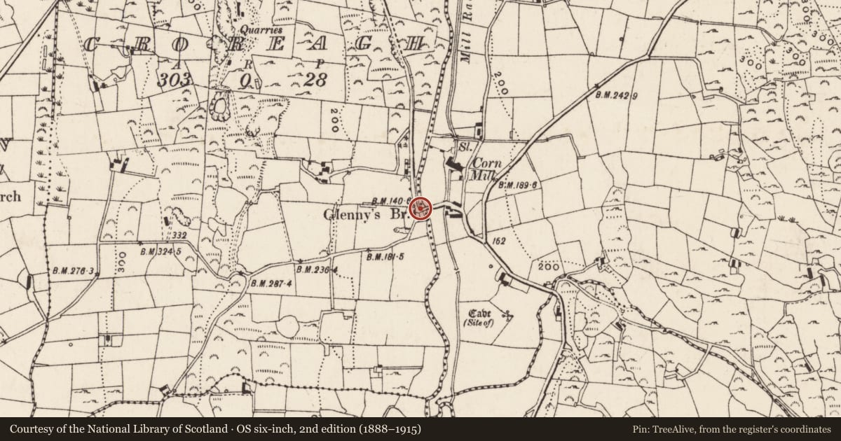 Ordnance Survey six-inch map, 2nd edition (1888–1915) covering the location of Glennys Bridge, Desert/Crocreagh, Newry, Mourne and Down, with a pin at the register's coordinates