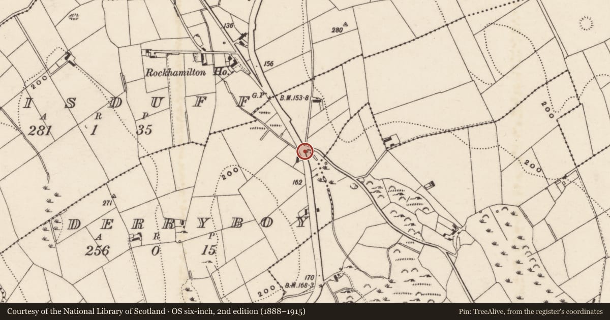 Ordnance Survey six-inch map, 2nd edition (1888–1915) covering the location of Site of House, Derryboy, Newry, Mourne and Down, with a pin at the register's coordinates