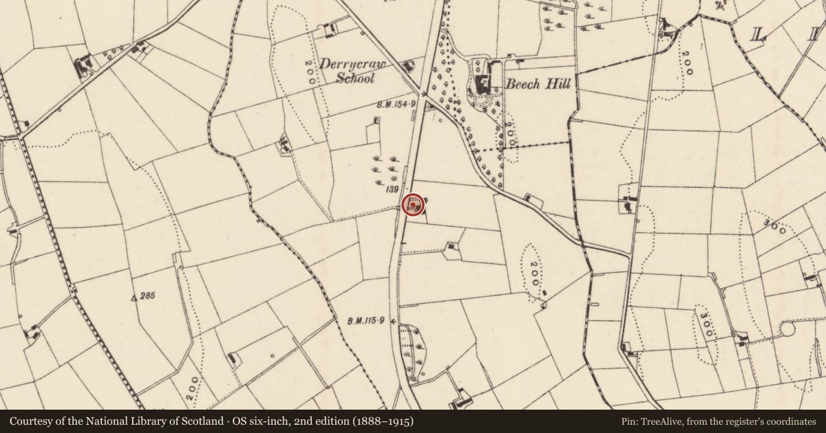 Ordnance Survey six-inch map, 2nd edition (1888–1915) covering the location of 159 Belfast Road, Derrycraw, Newry, Mourne and Down, with a pin at the register's coordinates