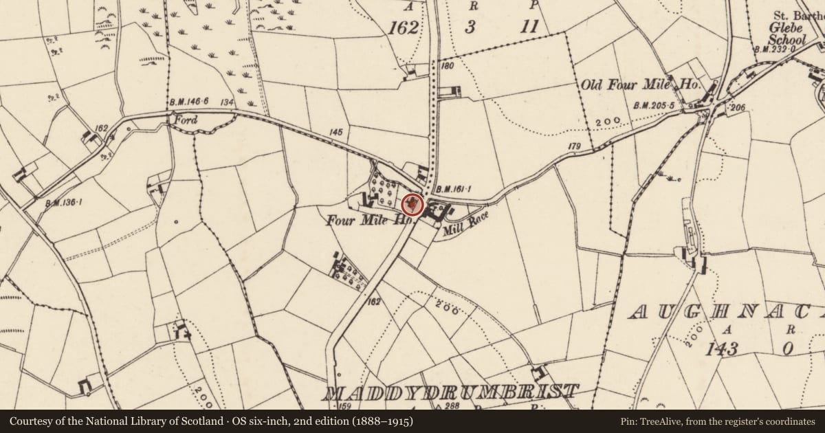 Ordnance Survey six-inch map, 2nd edition (1888–1915) covering the location of House at Four mile, opp. 189 Belfast Road, Maddydrumbrist, Newry, Mourne and Down, with a pin at the register's coordinates