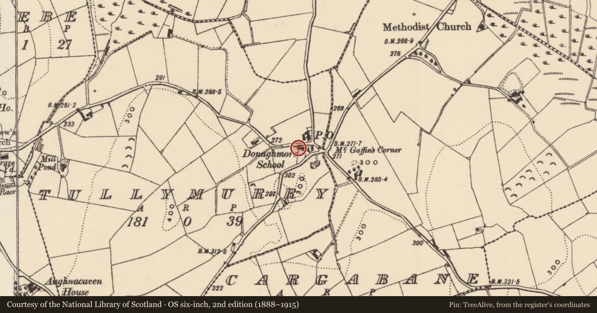 Ordnance Survey six-inch map, 2nd edition (1888–1915) covering the location of Telephone Kiosk, Tullymurry, Newry, Mourne and Down, with a pin at the register's coordinates