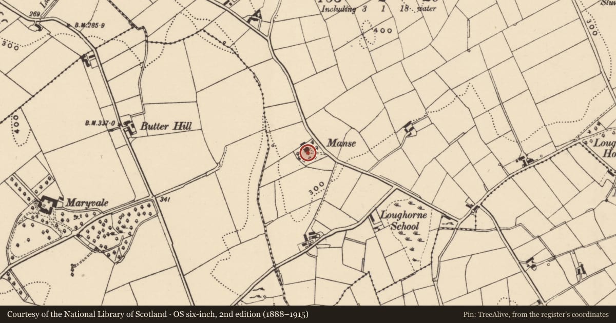 Ordnance Survey six-inch map, 2nd edition (1888–1915) covering the location of Manse, Loughorne, Newry, Mourne and Down, with a pin at the register's coordinates
