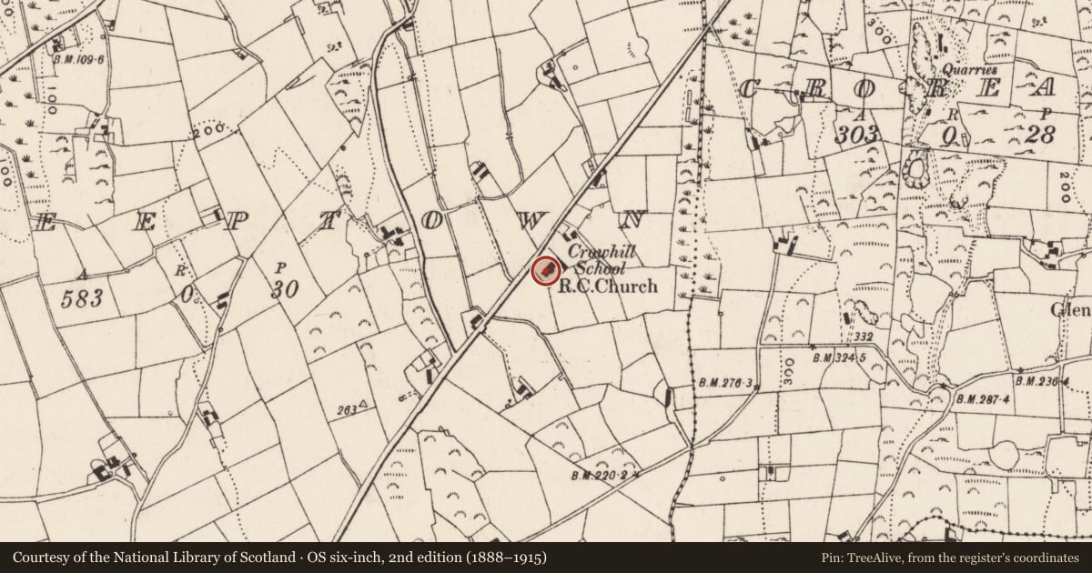 Ordnance Survey six-inch map, 2nd edition (1888–1915) covering the location of St Joseph's RC Church, Sheeptown, Newry, Mourne and Down, with a pin at the register's coordinates