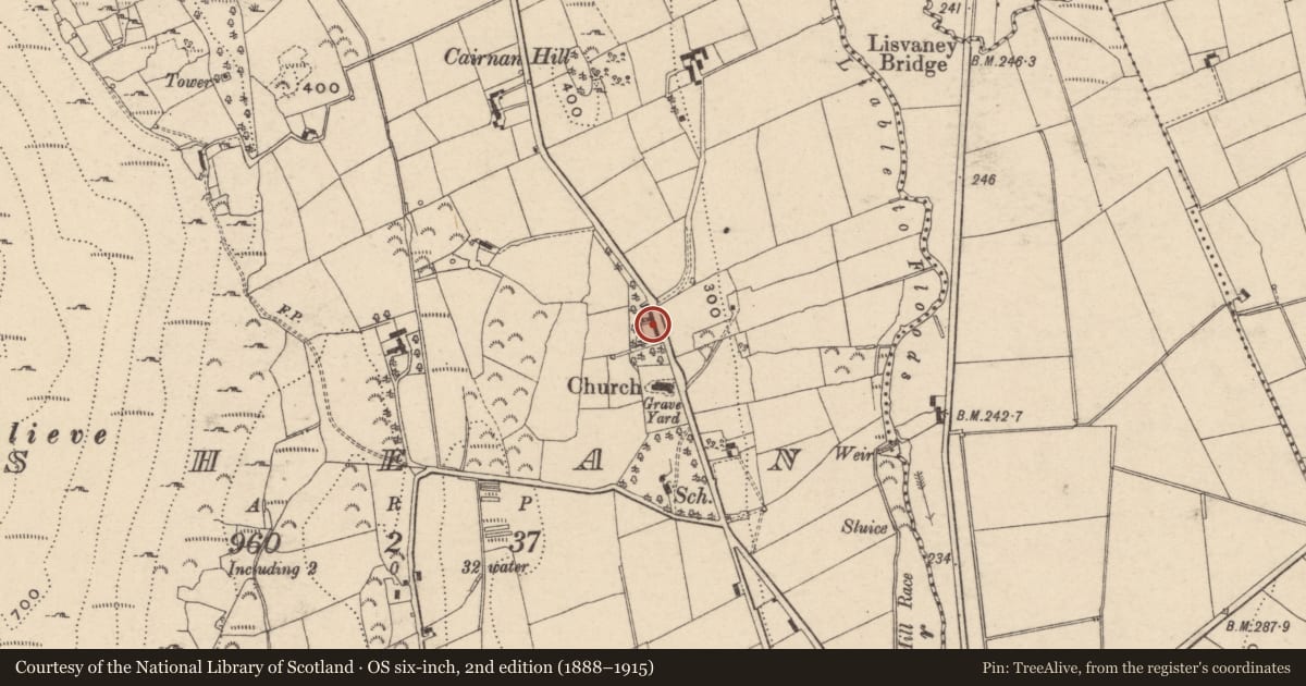 Ordnance Survey six-inch map, 2nd edition (1888–1915) covering the location of Jackson Charity School, Shean, Newry, Mourne and Down, with a pin at the register's coordinates