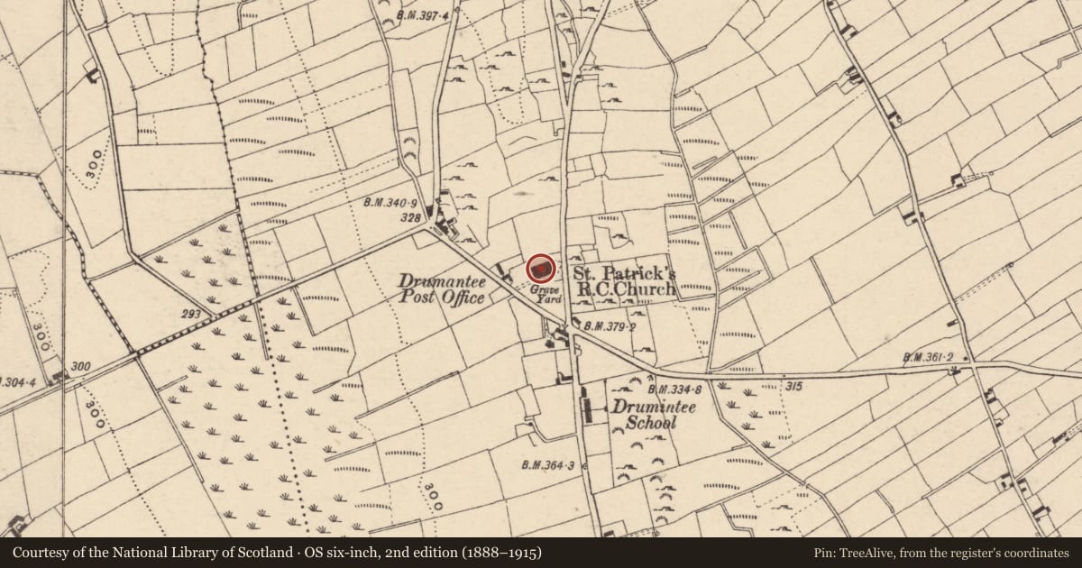 Ordnance Survey six-inch map, 2nd edition (1888–1915) covering the location of St Patrick's R.C Church, Drumintee, Newry, Mourne and Down, with a pin at the register's coordinates