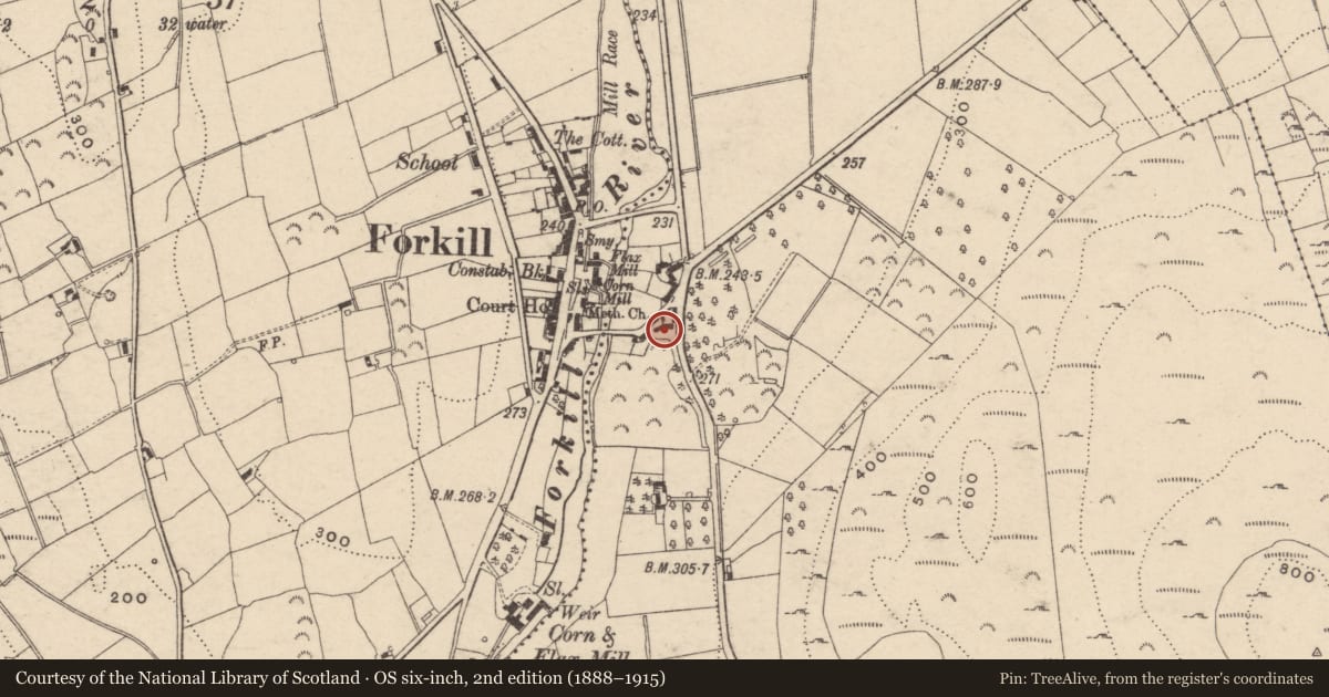 Ordnance Survey six-inch map, 2nd edition (1888–1915) covering the location of Outbuildings opposite 7 Old Bridge Road, Carrickastickan, Newry, Mourne and Down, with a pin at the register's coordinates