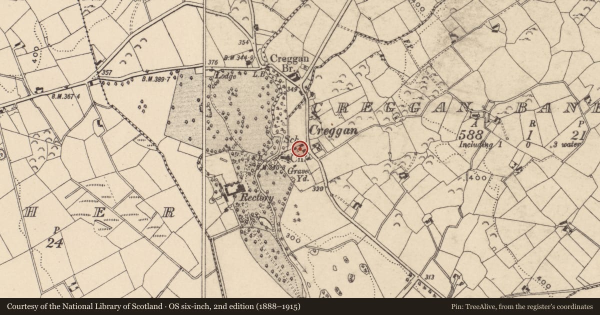 Ordnance Survey six-inch map, 2nd edition (1888–1915) covering the location of Creggan Church, Newry, Mourne and Down, with a pin at the register's coordinates