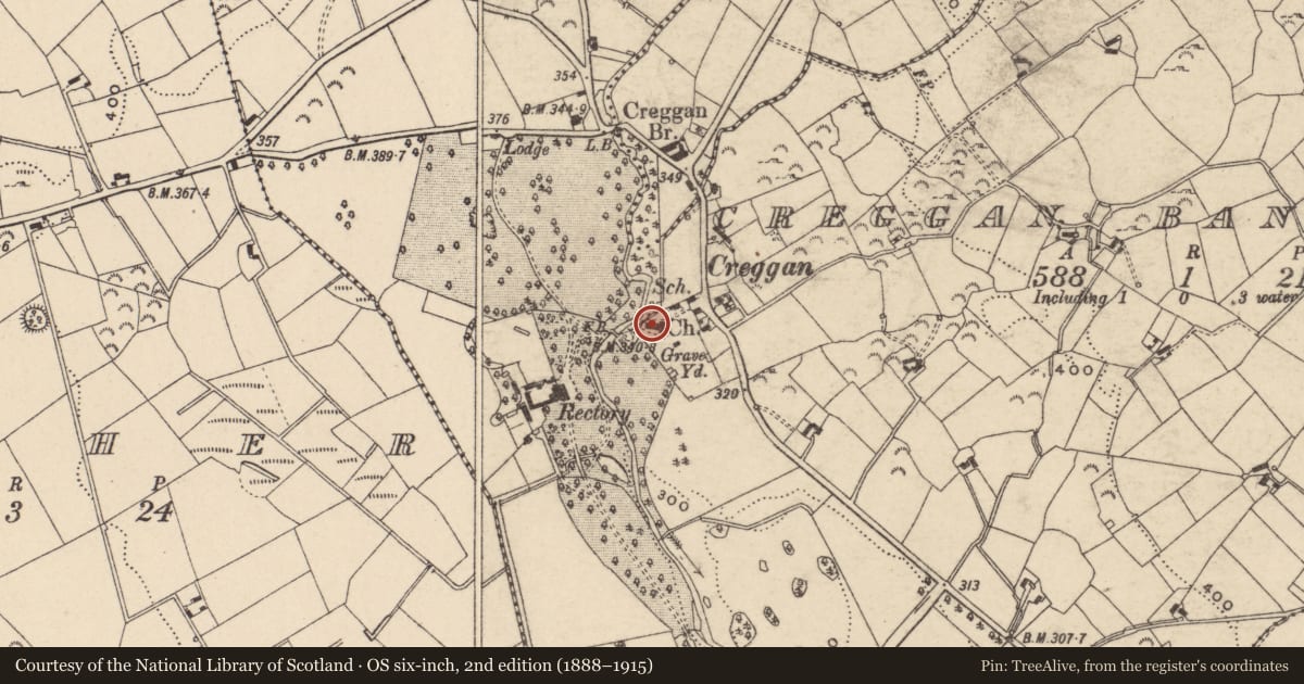 Ordnance Survey six-inch map, 2nd edition (1888–1915) covering the location of Sexton'S Dwelling And Schoolhouse At Creggan Church, Newry, Mourne and Down, with a pin at the register's coordinates