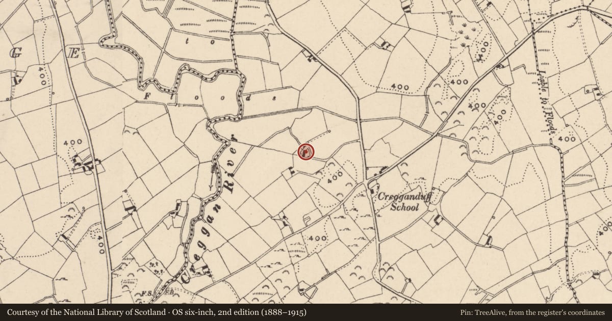 Ordnance Survey six-inch map, 2nd edition (1888–1915) covering the location of 30 Cregganduff Road, Creggan Duff, Newry, Mourne and Down, with a pin at the register's coordinates